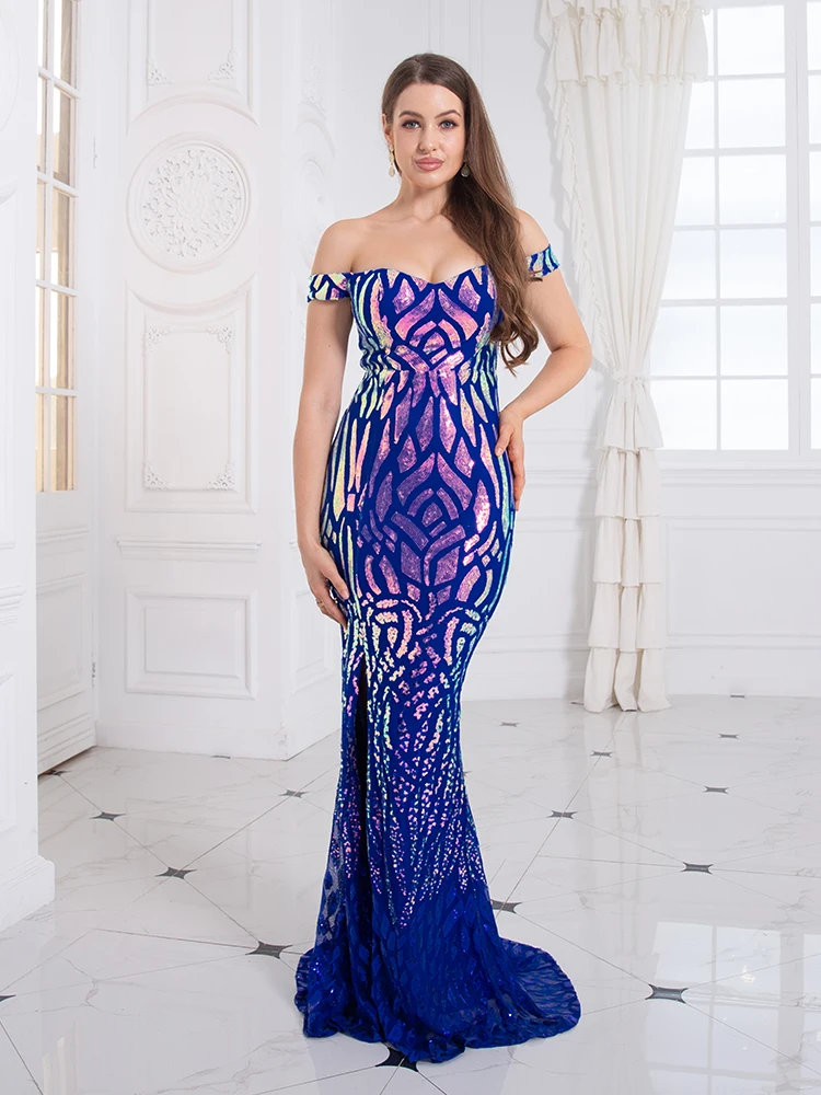 Sequin Slash Neck Sleeveless Bodycon Mermaid Sexy Backless Split Lined Off the Shoulder Evening Party Dress For Women