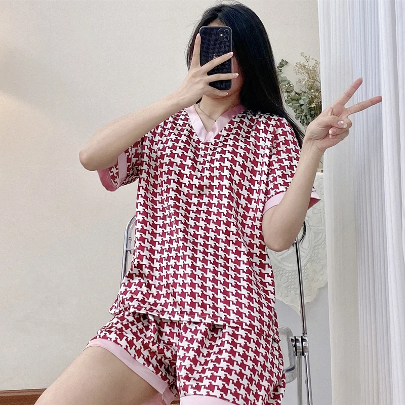 

Summer Ice Silk Pajamas Women's Short Sleeve Shorts Two Piece Thin V-neck Homewear Suit Luxury Silk Women's Casual Pajamas