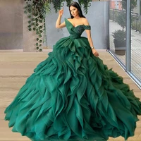 green elegant off shoulder fluffy cascading folds wedding dress prom banquet performance dress