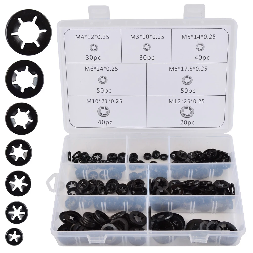 

260Pcs M3 M4 M5 M6 M8 M10 M12 Push-on Locking Washers Star Nut Metal Quick Speed Star Nut Locking Fastener Clips Fastener