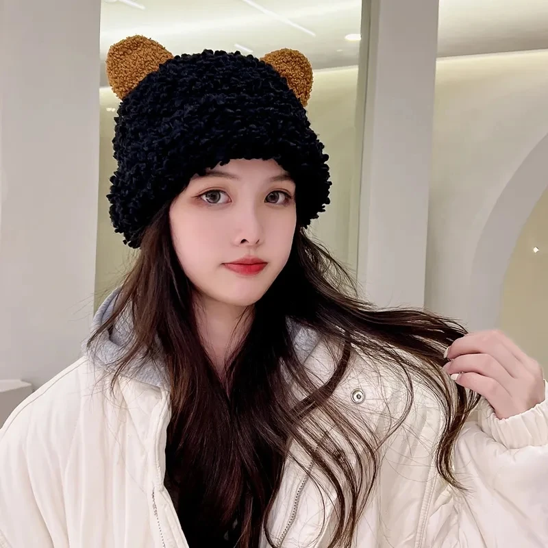 

Плюшевые Вязаные шапки, милая шапка с кошачьими ушками, женские осенне-зимние шапки из овечьей шерсти, забавные модные теплые шапки, однотонная Повседневная шапка