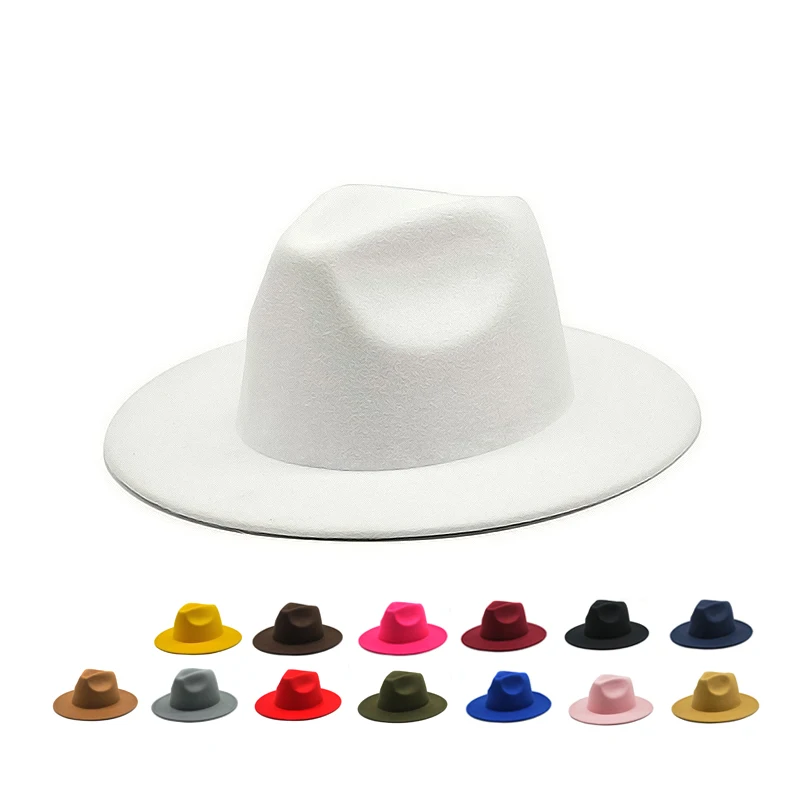 

Autumn Winter Womens Felt Hat Fedoras Big Brim Hats For Women British Style Vintage Church Hats Lady Flat Brim White jazz cap