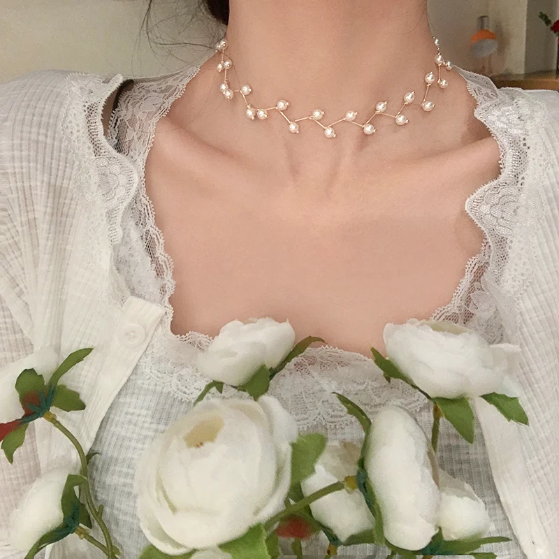 

Korean Fashion Pearl Necklace For Women Luxury Elegant Choker Necklace Collar Chokers Vintage Jewelry for Neck Accessories