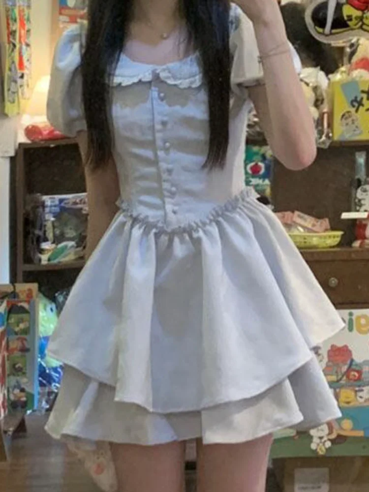 

QWEEK Kawaii Lolita Dress Sweet School Student Pricess Party Puff Sleeve Cute Peter Pan Collar Mini Short Dresses 2023 New In