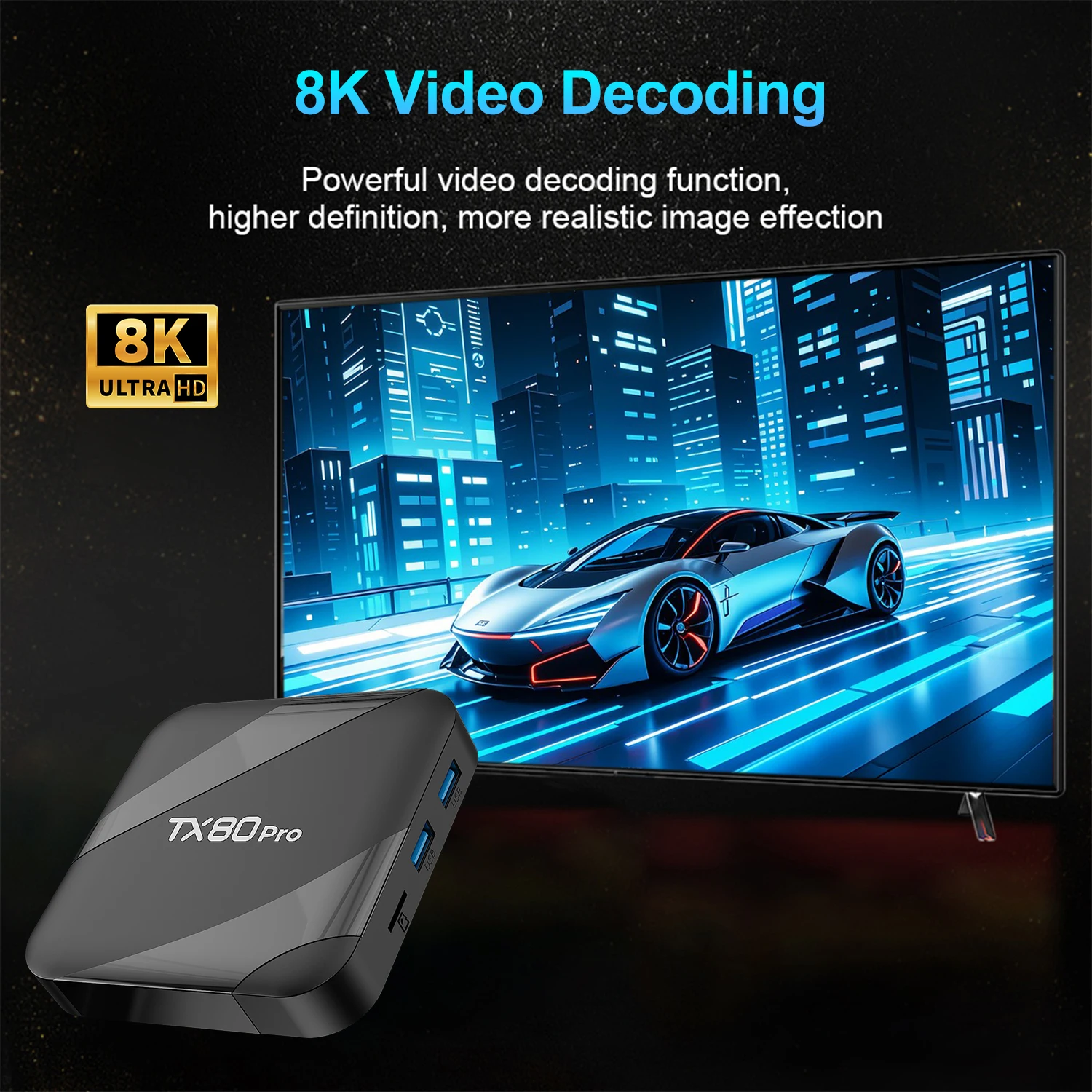 Фото ТВ-приставка AndroidTV 16 TX80 PRO, четырехъядерный процессор ARM Cortex-A53, пента-ядерный графический процессор Mali-450, память 16 ГБ + 256 ГБ, двухдиапазонный Wi-Fi, 4K UHD №1