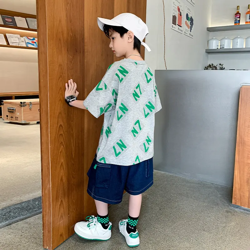 Teen Boys New Letter Clothing Sets Summer Cotton Casual 3 Color T-Shirts And Denim Shorts Cool Two-Pieces Children Outfits Suit