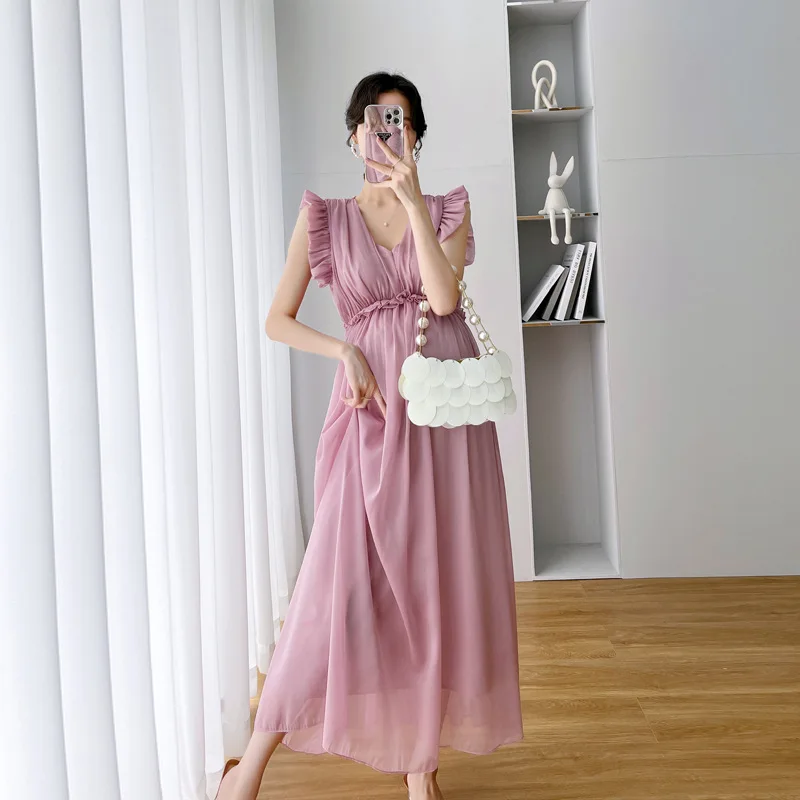 

Элегантное платье для беременных CARECODE для фотосессии для беременных женщин Летнее однотонное платье без рукавов с V-образным вырезом длинное пляжное шифоновое платье