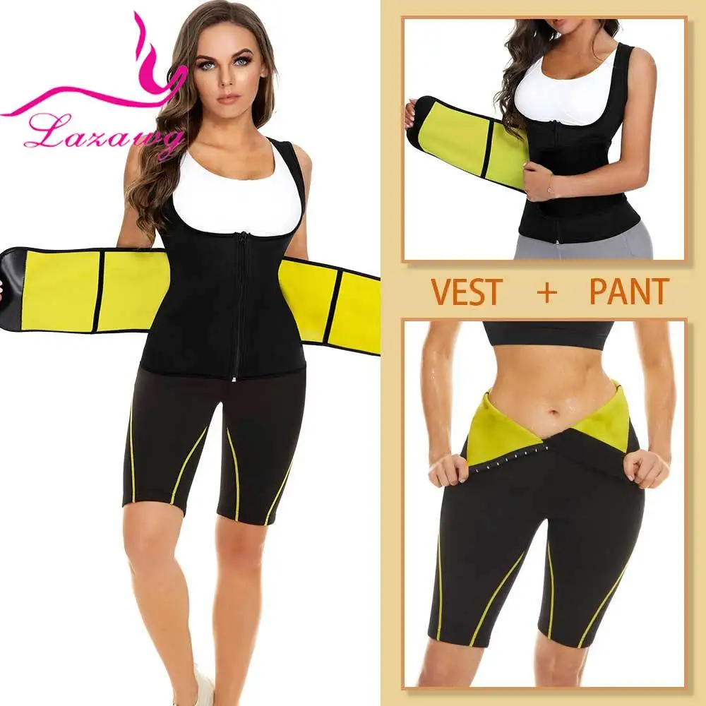 

LAZAWG Women's Neoprene Vest Set Zipper Tank Top Leggings Chest Support Sweat Sauna Slimming Pant Gym Weight Loss Body Shapers