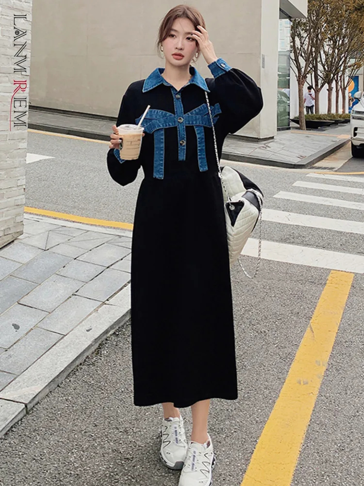 

LANMREM Korean Style Denim Spliced Dress Women Contrast Color Lapel Long Sleeves Dresses Fashion 2023 Autumn New 2AA2222