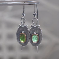 vintage tribal green natural stone inlaid earrings ethnic creative silver plated geometric crown pendant earrings