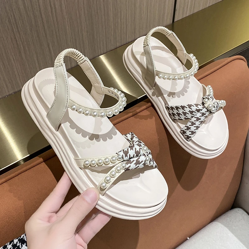 

New 2021 Sandals Lady Summer Fairy Style Fashion Student Thick Soled Roman Flat Shoes Indoor Slippers Slides Butterfly-knot
