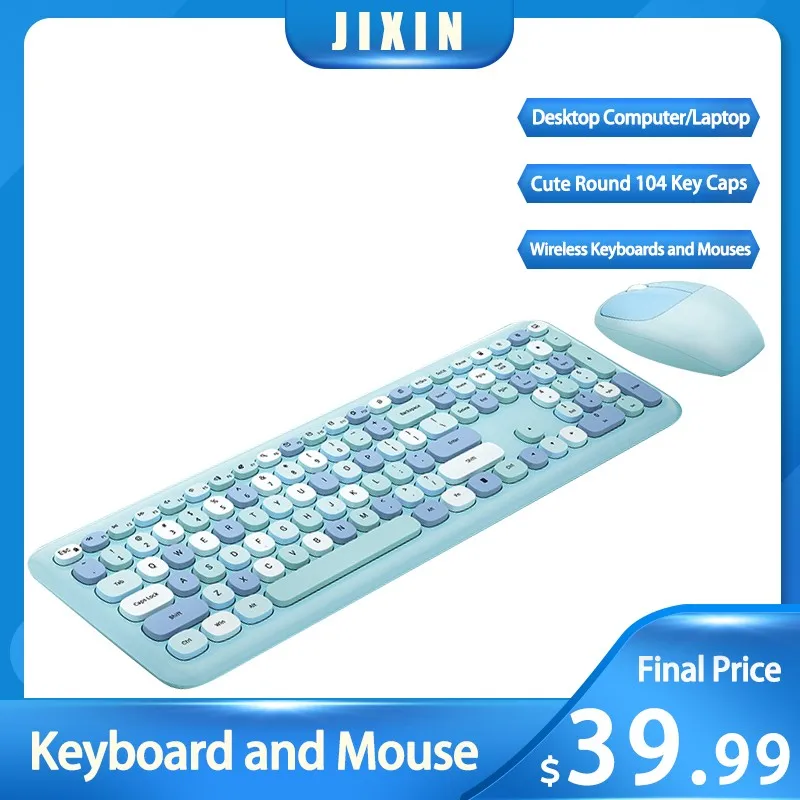 

2.4 GHz Keyboards and Mouses Set Cute Round 104 Key Caps Combo Colorful 1600DPI Optical Gaming Mouse for Laptop Desktop Computer