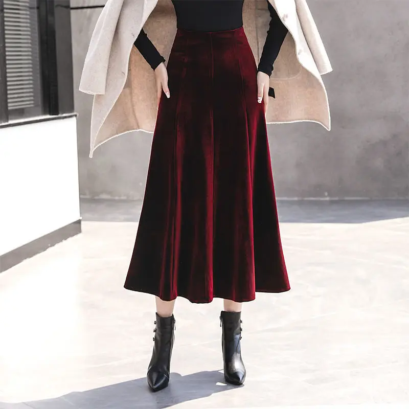 

Autumn Winter Women Velvet Skirt Fashion High Waist Basic Long Skirts Female Casual Saia Longa Elastic A-Line Maxi Skirts J198