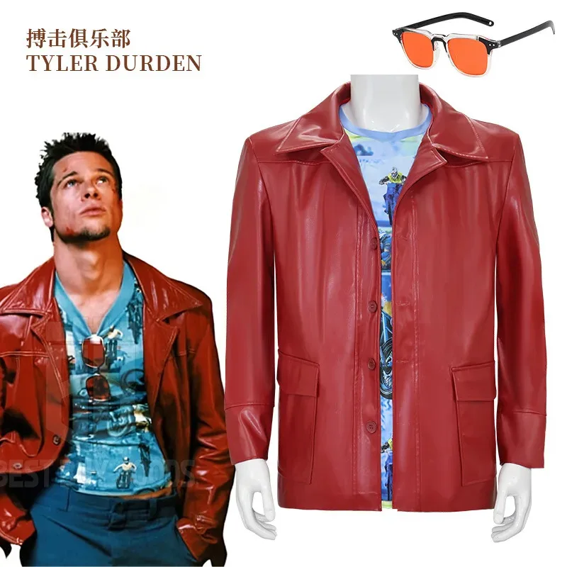 Фото Костюмы для косплея Fight Club Tyler Durden, в наличии, байкерская кожаная куртка Brad, красное пальто, рубашка, очки, костюм для вечеринки на Хэллоуин, tu.3 №2