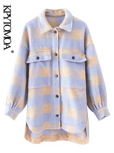 KPYTOMOA женские модные верхние рубашки оверсайз Клетчатая Шерстяная Куртка пальто винтажные карманы Асимметричная женская верхняя одежда шикарные топы