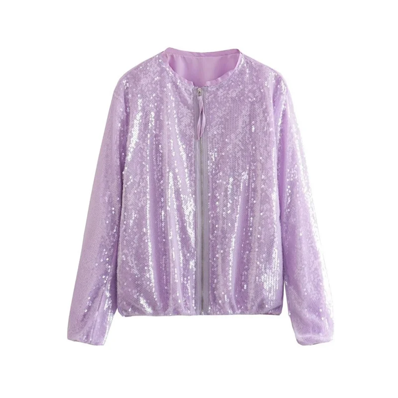 

2023 Autumn Women Purple Beading Oversized Bomber Jacket Coat Long Sleeve Lady Zipper Outwear 3R06