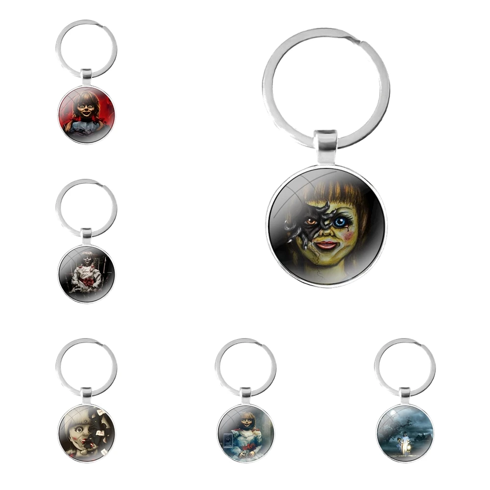 glass cabochon keychain Bag Car key chain Ring Holder Charms keychains Gifts Funny Fashion Lover Annabelle Creation Horror Movie
