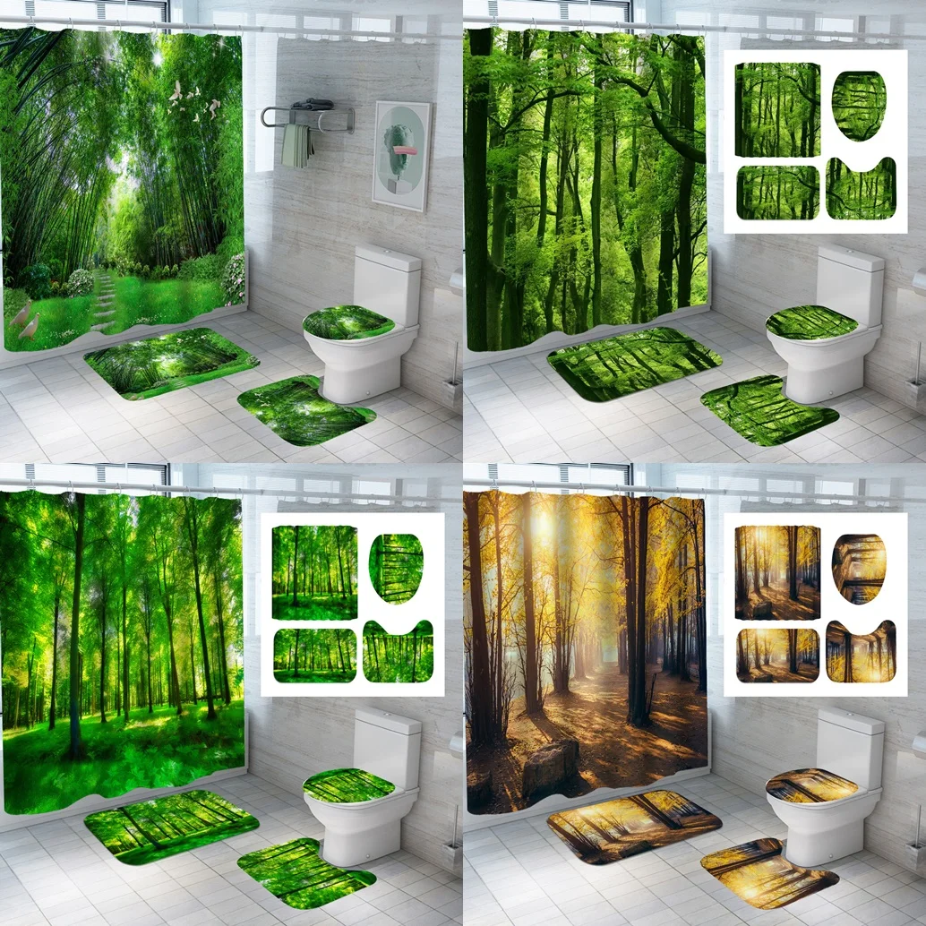 

Natural Forest Landscape Shower Curtain Set Winter Snow Scenery Bathroom Curtain Non-Slip Bath Mat Pedestal Rug Lid Toilet Cover