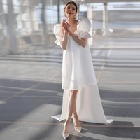 short wedding dress puff sleeves knee length satin bridal dress white watteau train backless v neck loose sexy wedding gown 2022