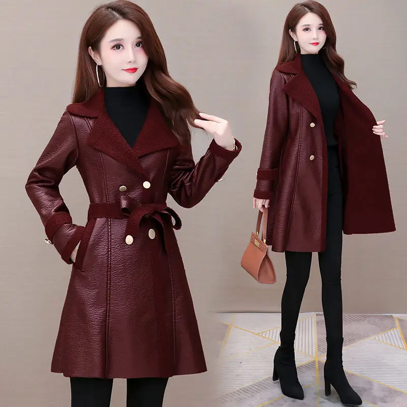 

Black PU leather Jacket Women's 2022 Autumn Winter New Slim With belt Thick Leather Coat Windproof Warm Parkas Outwear Female