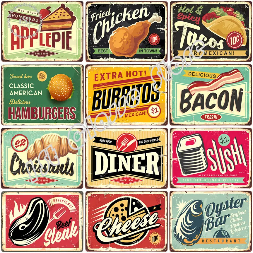 

Жестяной знак с бургерами, цыплятами, беконом, металлические декоративные таблички в стиле ретро, для кухни, ресторана, художественные табл...