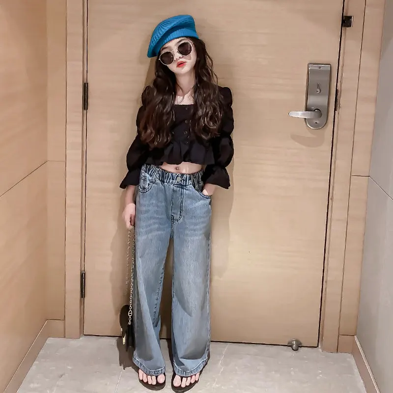 New Kids Girls Clothing Sets 2022 Cute Puff Sleeve Tops + Wide Leg Pants Korean Clothes Children Suit Teen 4 5 7 9 11 13 14Years