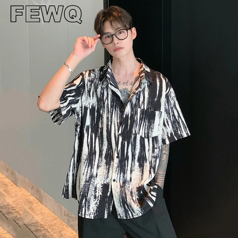 

FEWQ Splash Ink Men's Shirts Niche Design Male Short Sleeve Cardigans Korean Fashion Tops Summer Casual 2023 Stylish New 24B2966