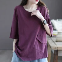 cotton pocket t shirt womens summer new loose thin round neck short sleeved literary solid color all match top women blouses