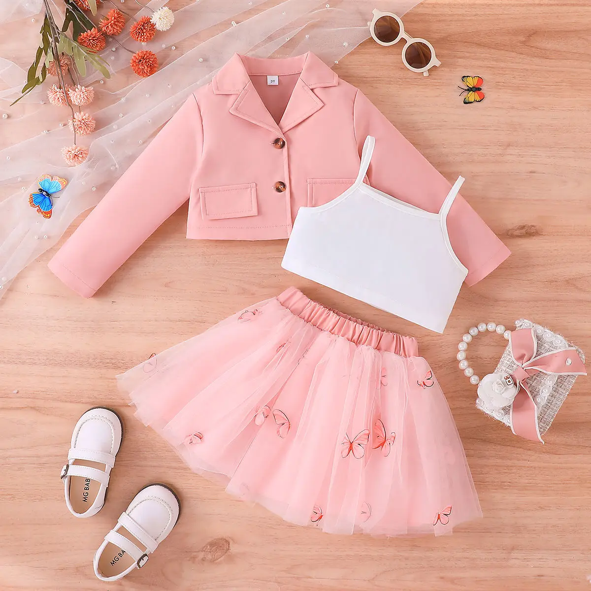 

2023 New Girls Dress Long Sleeve Turn-down Collar Butterfly Pink Cute Designer Girls Princess Dress Vestido 8-12T