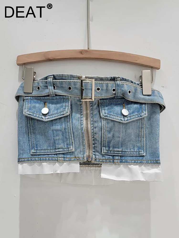 

DEAT Women Denim Short Tank Tops Strapless Patchwork Slim Belt Pockets Zipper Solid Color Camis 2023 Summer New Fashion 29L2305