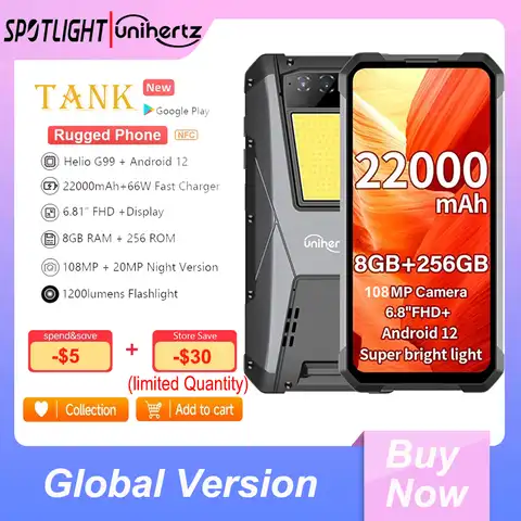 Смартфон повышенной прочности 2022 Unihertz TANK с большим аккумулятором, разблокированный смартфон 4G, 8 ГБ, 258 ГБ, телефон мобильный телефон 22000 мАч, ...