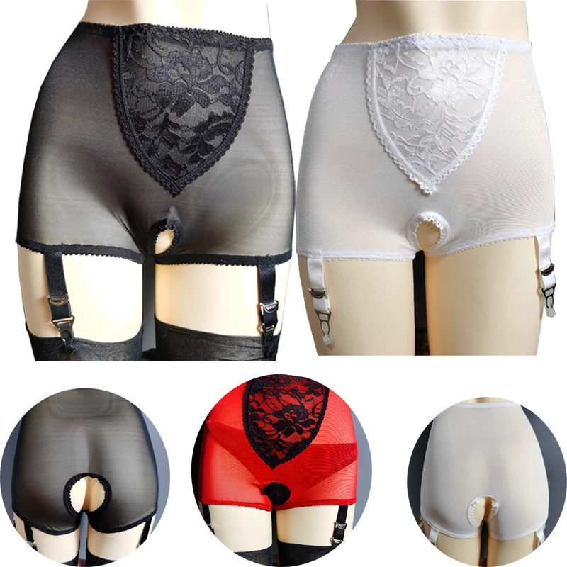 Lace Embroidery Open Crotch Garter Woman Exotic Lingerie Stockings Accessories 6 Claws Non-slip Buckle High Waist Mesh Garter
