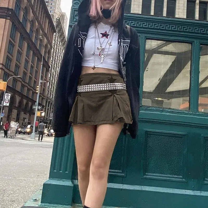 

Vintage Women Denim Skirt With Five-Pointed Star Patchwork Pleated Detail High Waist Summer Clothing Club Wear Street Style
