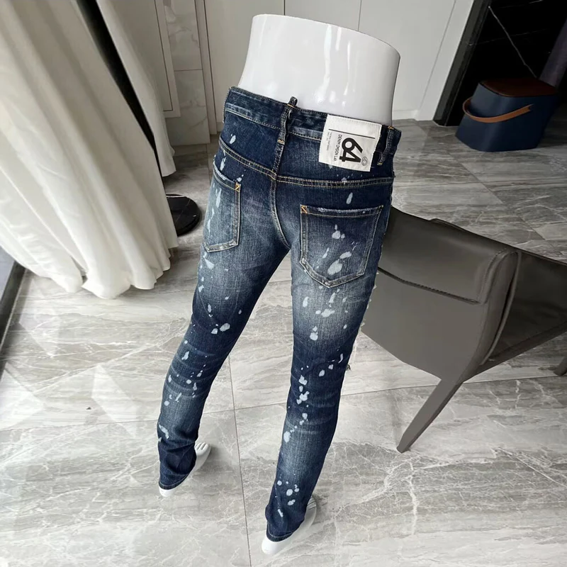 Street Fashion Men Jeans Retro Blue Elastic Slim Ripped Jeans Men Patched Trousers Painted Designer Hip Hop Brand Pants Hombre