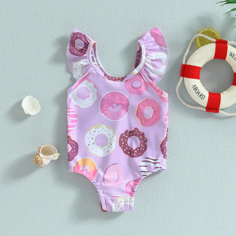 Baby Girls Swimsuit Bodysuits Backless Fly Sleeve Summer Casual Romper Swimwear Sleeveless Cartoon Donut Print Bathing Suit