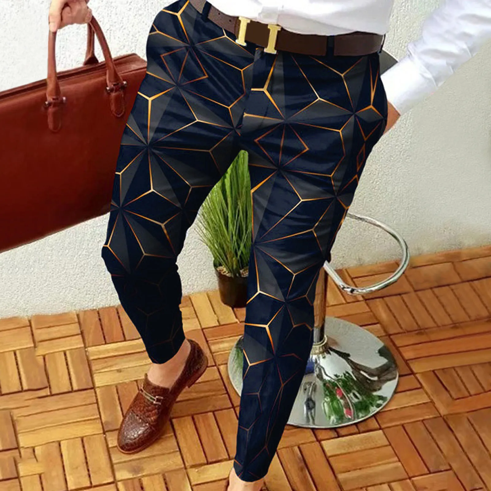 

Men Slim Fit Print Zipper Button Trousers Suit Pants Male Casual Fashion Long Pants Sock