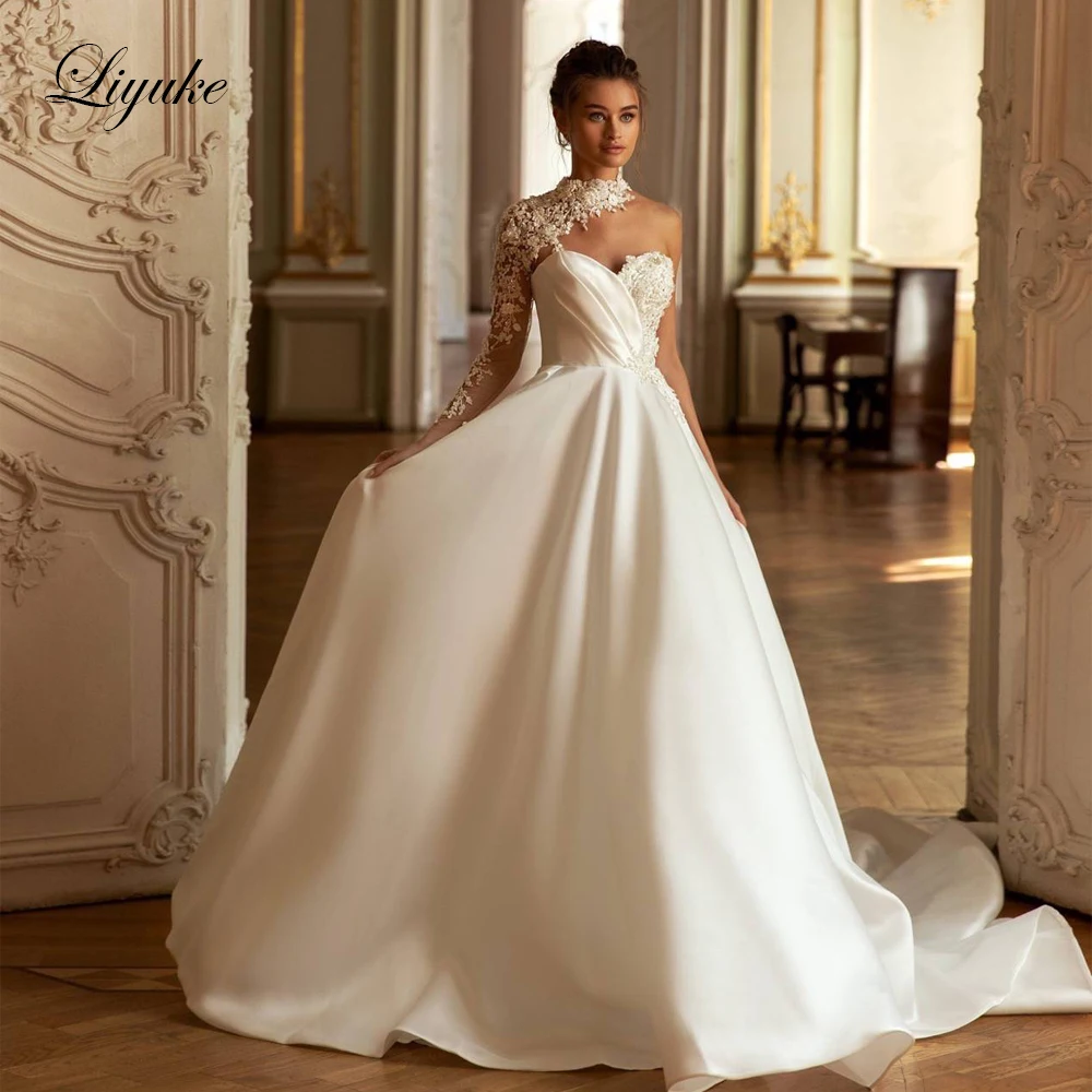 

Liyuke Elegant Sweetheart A-Line Wedding Dress Beading Embroidery Lace Customs made Satin One Shoulder Bride Gowns