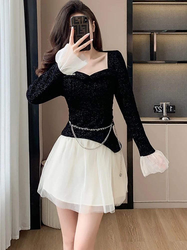 Женское розовое лоскутное белое сетчатое плиссированное платье из синели