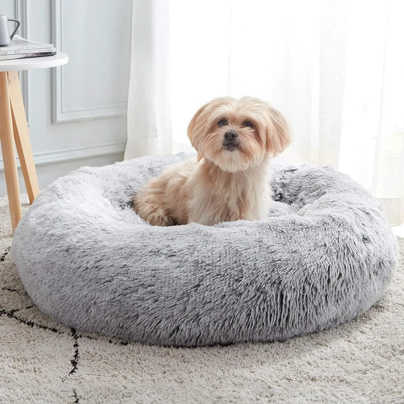 

Calming Dog Bed Cat Bed, Anti-Anxiety Donut Dog Cuddler Bed, Warming Cozy Soft Dog Round Bed, Fluffy Faux Fur Plush Cushion Bed