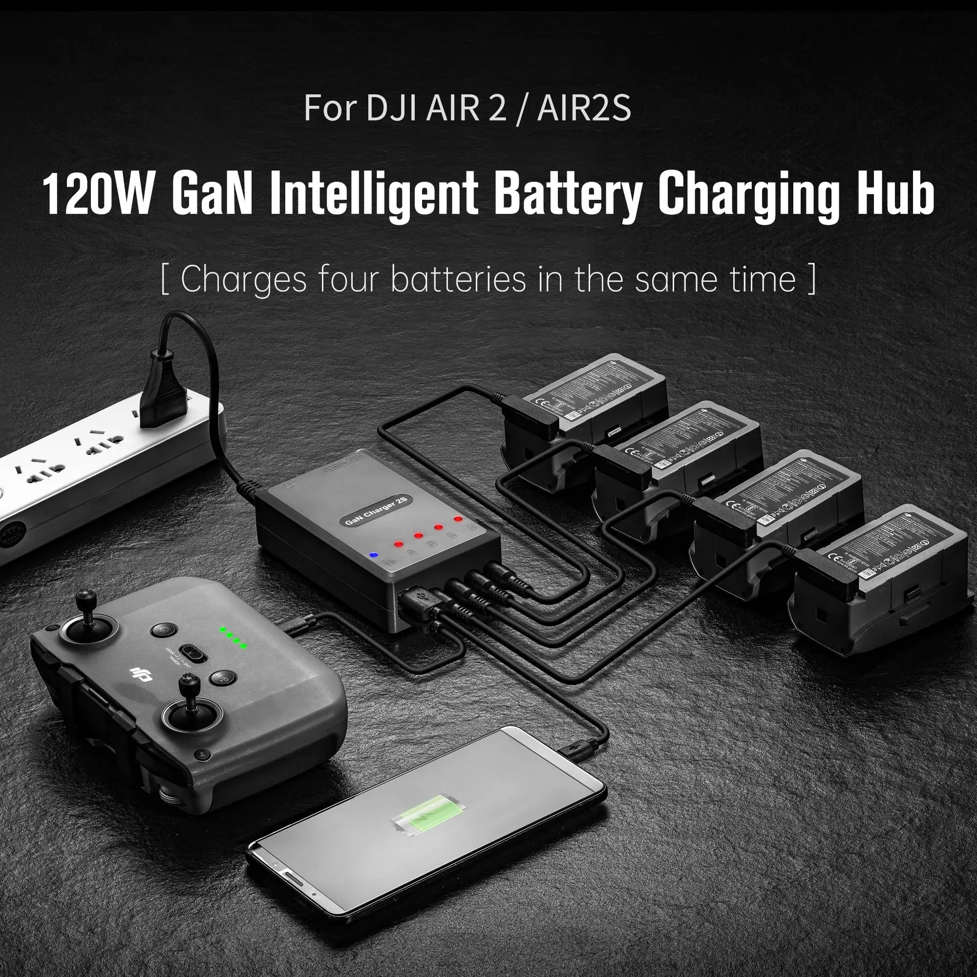 

6 in 1 Intelligent Fast Charging Hub 120W GaN Multi Battery Charger for DJI Air 2s / Mavic Air 2 Drone Battery Remote Control EU