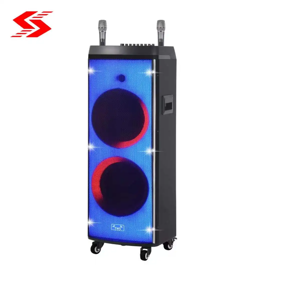 

Dual 12-inch speakers with 5 sets of knobs: USB/TF/Radio/BT/AUX/Mic input/Mic priority, with LED bar, with flame light,
