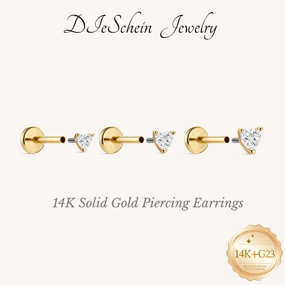 Фото Серьги-гвоздики DIeSchein из 14-каратного золота с плоской задней частью для пирсинга хеликса, трагуса, дейта для женщин, классические серьги для пирсинга для детей. №1