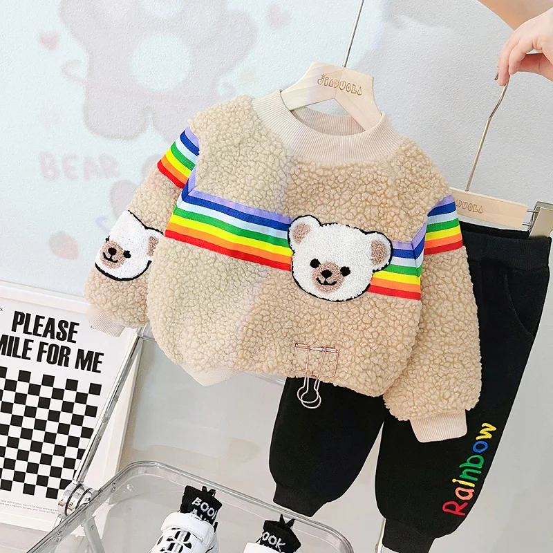 

Осенне-зимний костюм с длинным рукавом для мальчиков, плюшевый новый утепленный флисовый свитер для малышей 0-4 лет, комплект из двух предметов с мультяшным медведем для девочек