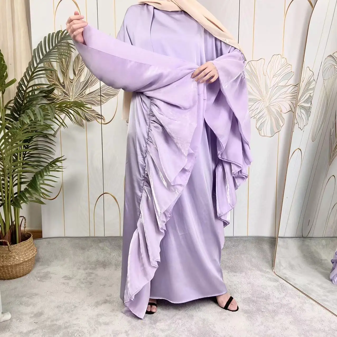 High Quality Islamic Satin Loose Dress Solid Color Popular Wide Hem Muslim Women Maxi Long Dress