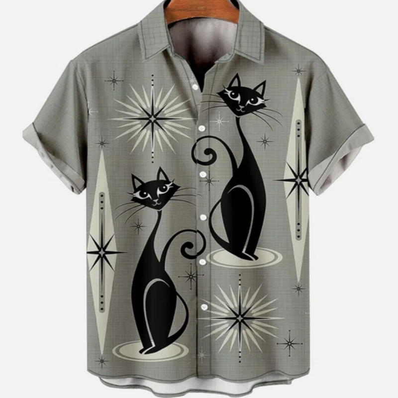 Men's Pattern Short Sleeve Cartoon Cotton Shirt For Men Luxury Designer Brand Top Graffiti New In Blouse Cat Y2k Clothing 2023