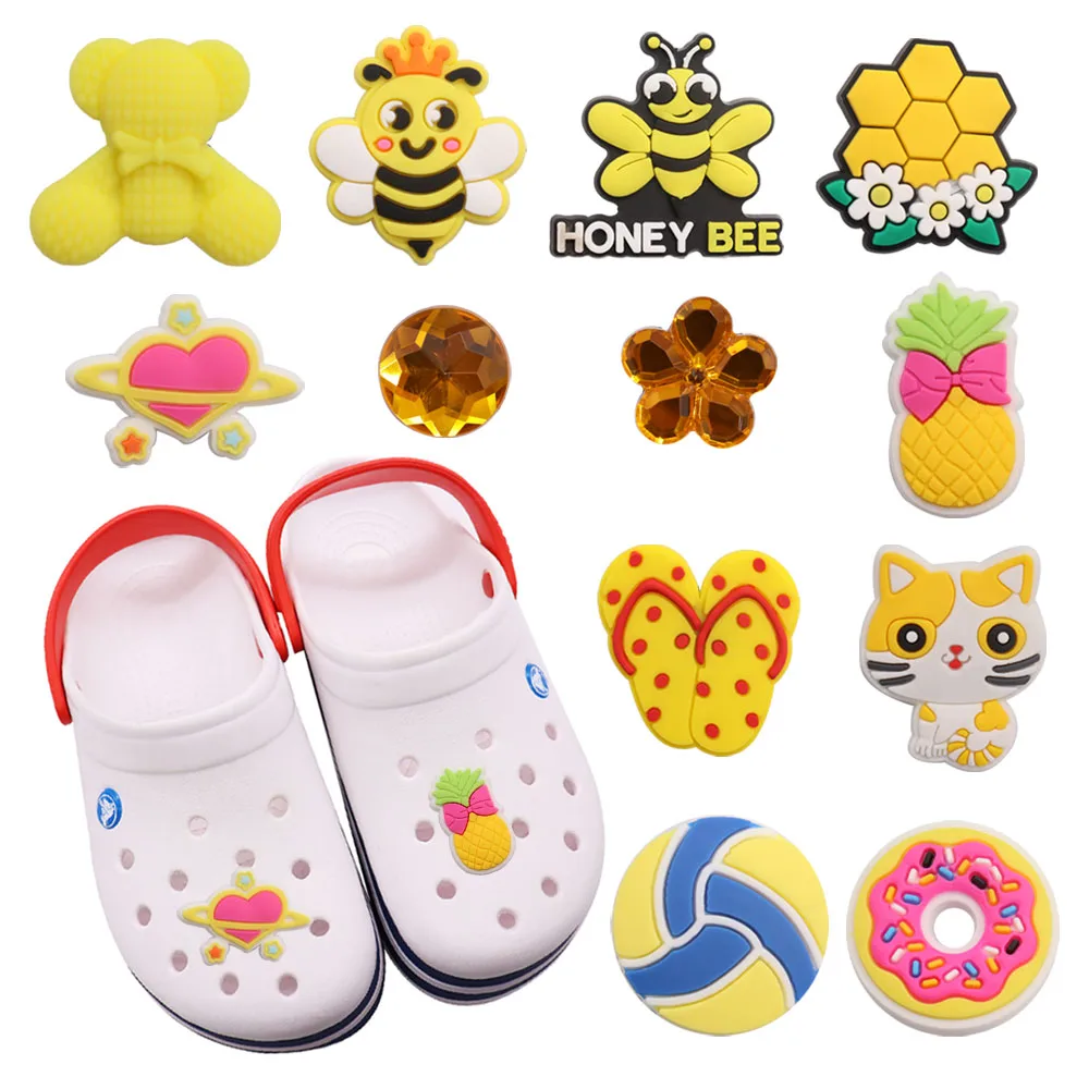 

Mix 50Pcs Bee Donut Pineapple Cat Fruit PVC Shoes Charms Accessories Buckle Clog Sandals Decorations DIY Wristbands Croc Jibz