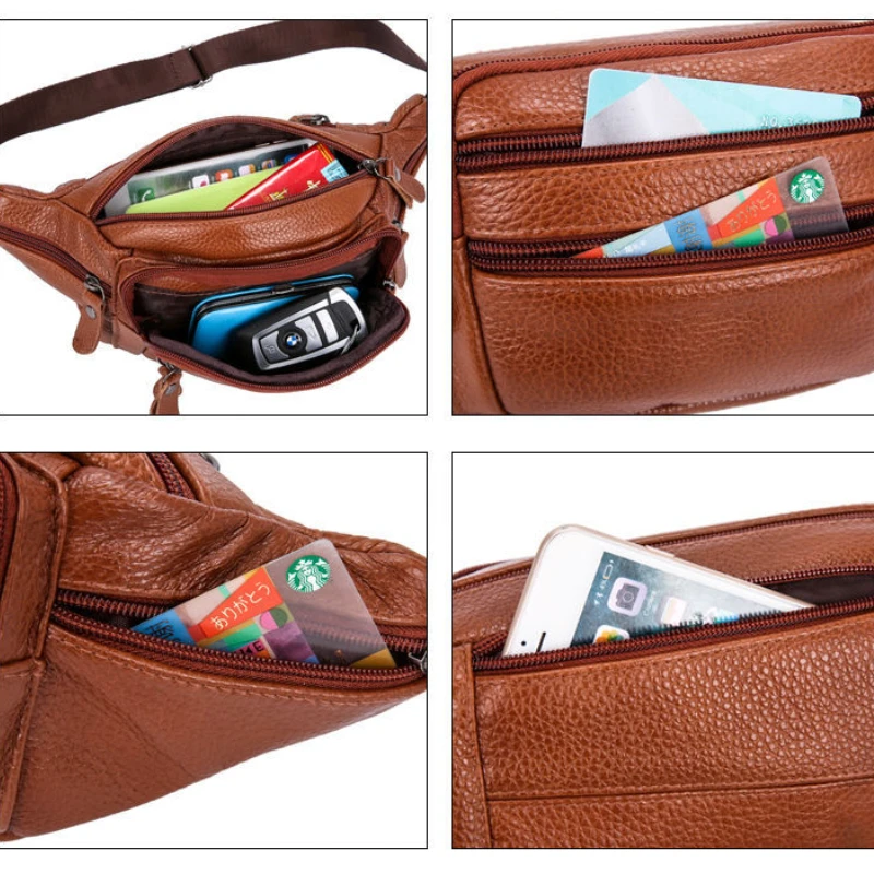 Real Genuine Leather Men's Waist Bag Belt Bag Male Zipper Fanny Pack for Site Workers Travel Phone Bag Large Capacity Waterproof