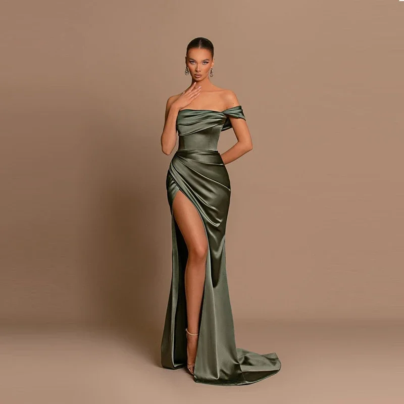 

High Slit Off the Shoulder Sexy One-Shoulder Mermaid Evening Dress 2023 Sleeve Blackish Green Porm Wedding Gowns for Women