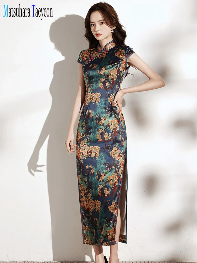 

Традиционное китайское платье-Ципао для женщин и девушек, вечернее свадебное модное винтажное платье в стиле ретро с цветочным принтом, Пла...