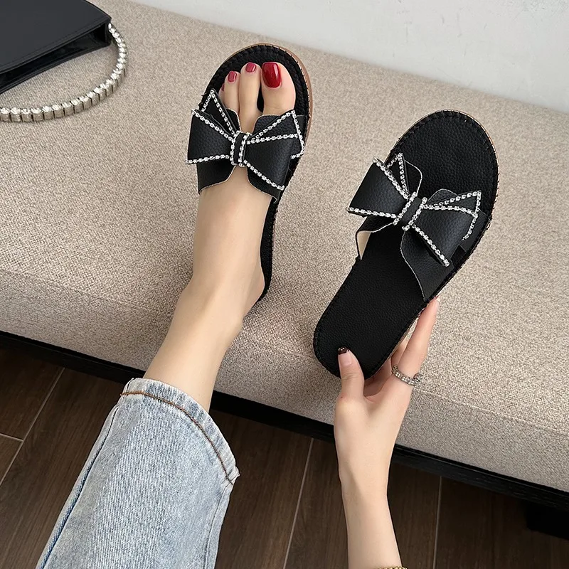 

Ladies Shoes 2023 Brand Slingbacks Women's Slippers Summer Solid Fashion Crystal Butterfly-knot Classics Slip-on Flat Slippers